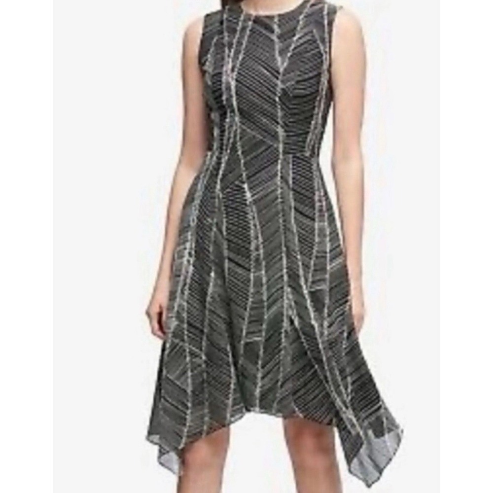 DKNY Women's Leaf Art Print Empire Waist Midi Fit & Flare Black Dress Size 12